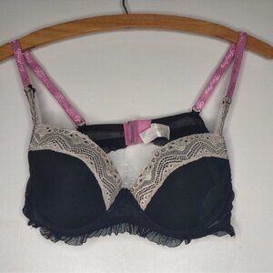 PLAYBOY Black Bra with Cream Lace and Pink Accents